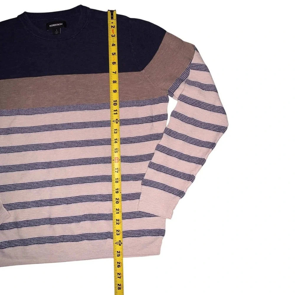 Nordstrom Sweater Mens Large Blue Tan Stripe Cotton Linen Crewneck Coastal Prep